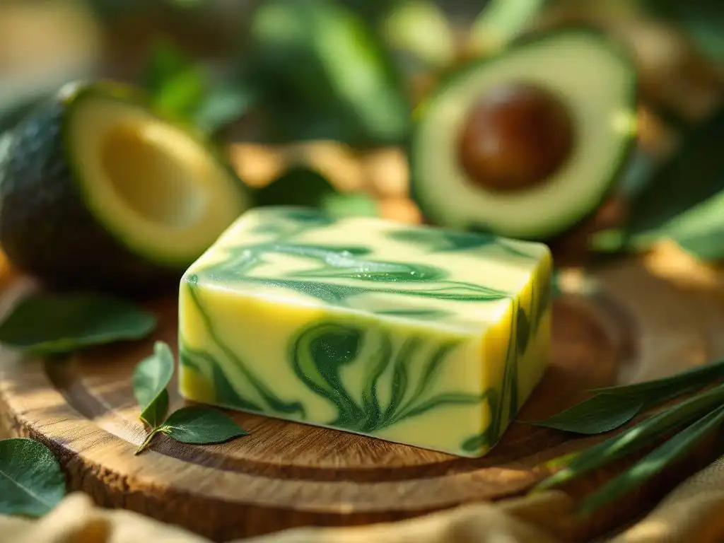 Luxe shampoo bar met groene avocado-marmerpatroon naast gehalveerde avocado op houten ondergrond
