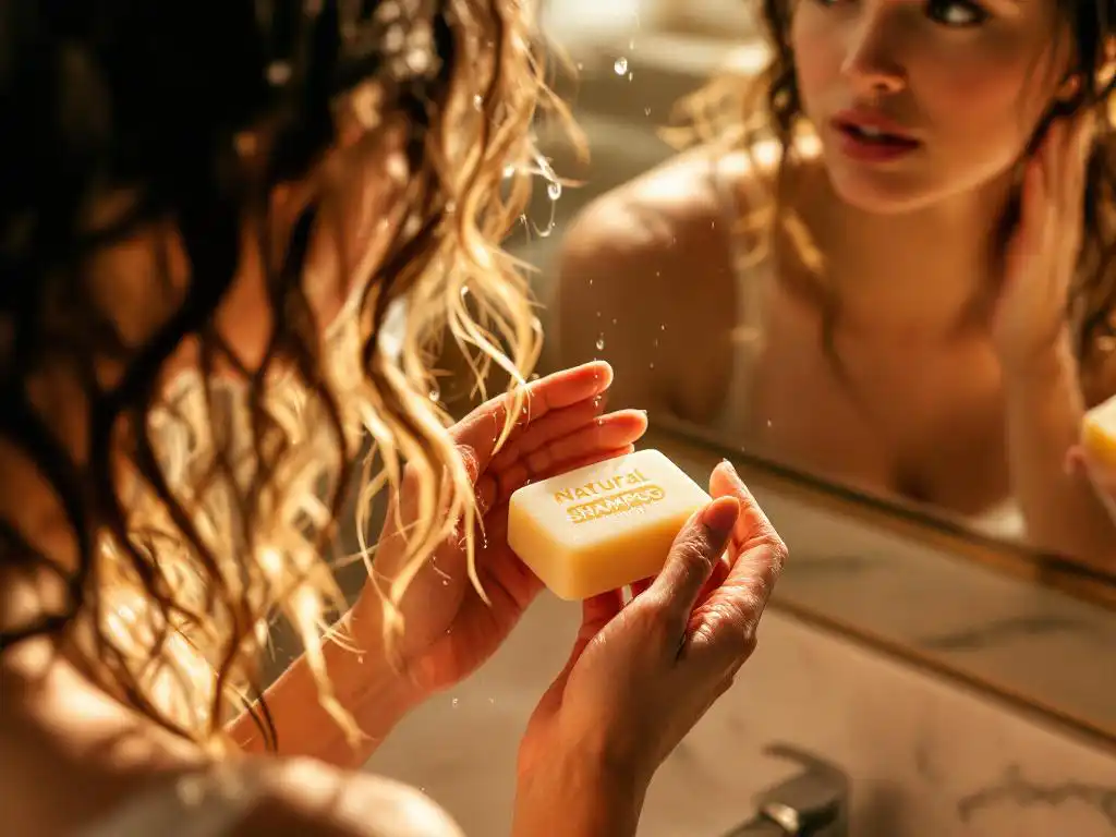 Vrouw houdt natuurlijke shampoobar vast terwijl ze haar droge, broze haar aanraakt in warme badkamer