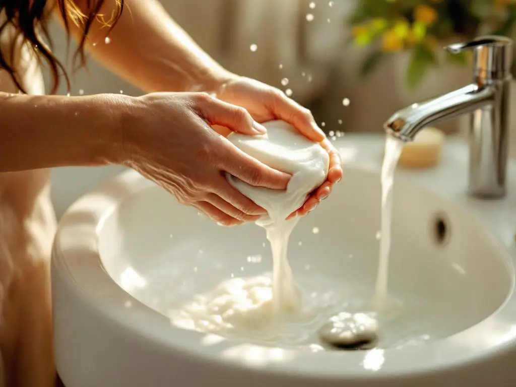 Vrouw masseert witte conditioner door nat haar, natuurlijke shampoobar op witte wastafel, warme badkamerverlichting