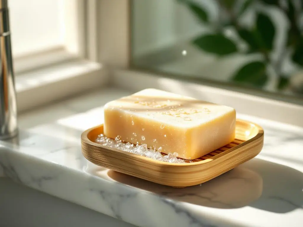 Handgemaakte shampoobar op bamboe zeephouder met waterdruppels op marmeren badkamer aanrecht bij douche