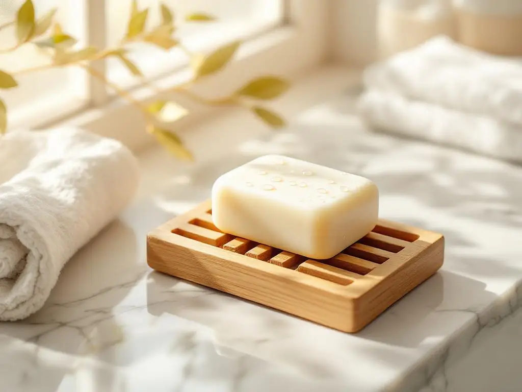 Handgemaakte shampoobar op bamboe zeephouder met druppels water op witte marmeren badkamertafel bij handdoek