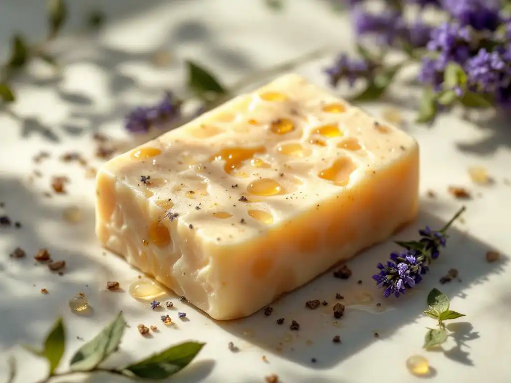 Luxe handgemaakte shampoo bar met botanische elementen, gouden oliën en lavendel op marmer oppervlak