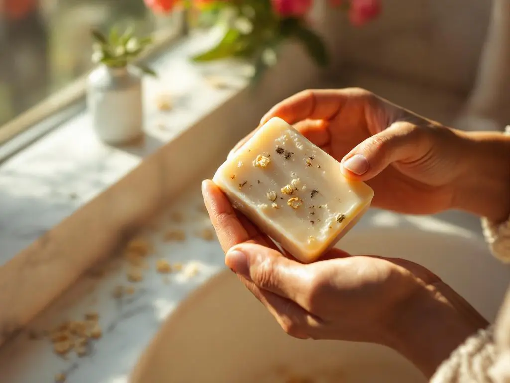 Handen houden handgemaakte shampoobar met havervlokken en kruiden op tegen zonlicht bij badkamerraam