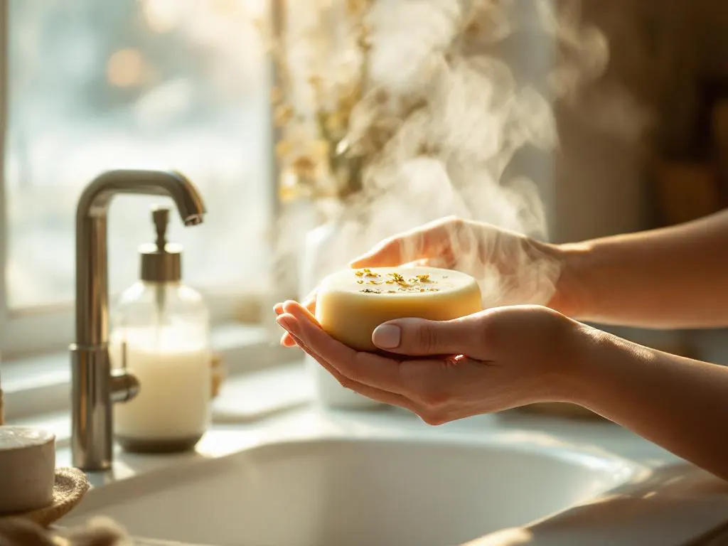 Vrouwenhanden houden handgemaakte shampoobar met kruiden boven moderne badkamertafel naast plastic fles