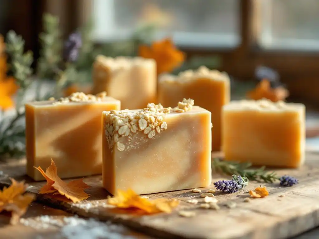 Handgemaakte shampoo bars met lavendel en haver op houten ondergrond, natuurlijk licht en herfstbladeren als decoratie
