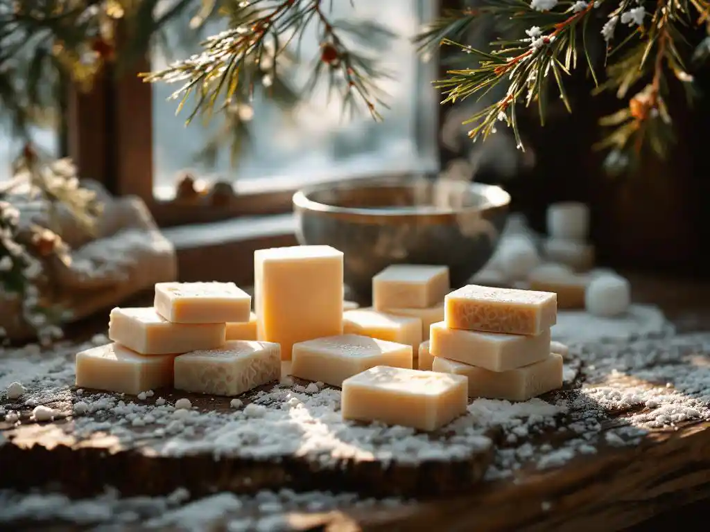 Handgemaakte shampoo bars op rustieke houten ondergrond met sneeuw, dennentakken en warme winterse sfeer