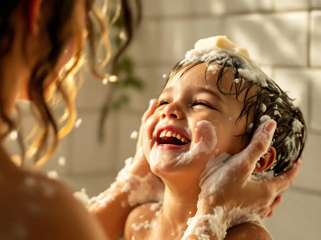 Kind lacht vrolijk terwijl ouder natuurlijke shampooreep gebruikt in lichte badkamer met zeepschuim in haar