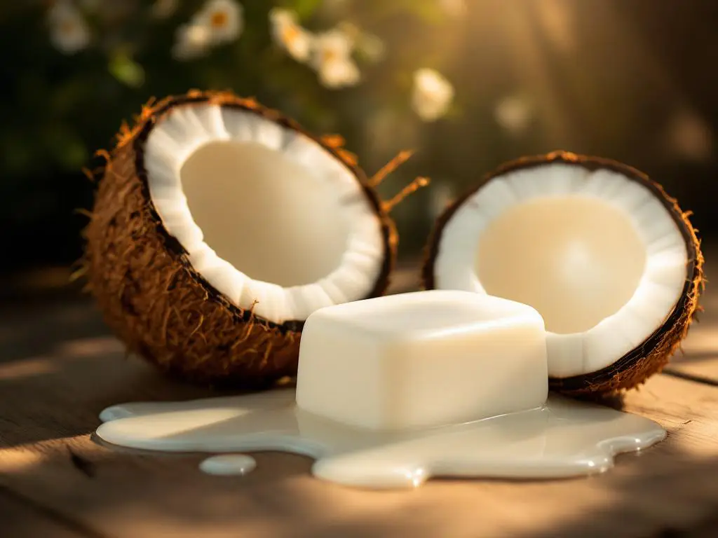 Witte shampoobar op hout naast gehalveerde kokosnoot met kokosvet, natuurlijke verlichting in spa-omgeving