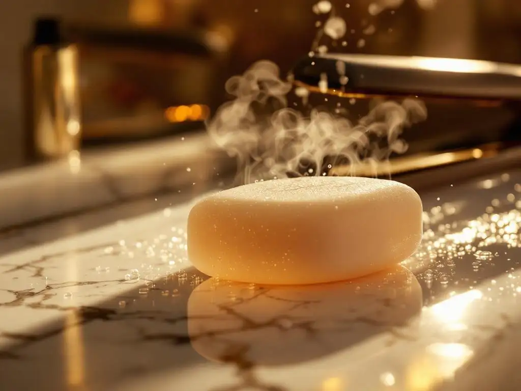 Luxe shampoo bar op marmeren badkamertafel naast haarstyler met gestyleerd haar op achtergrond in warme verlichting