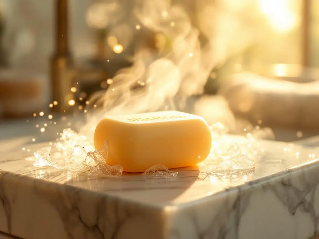 Luxe shampoo bar op marmeren badkamerteller met zijdezacht haar eromheen in warm ochtendlicht