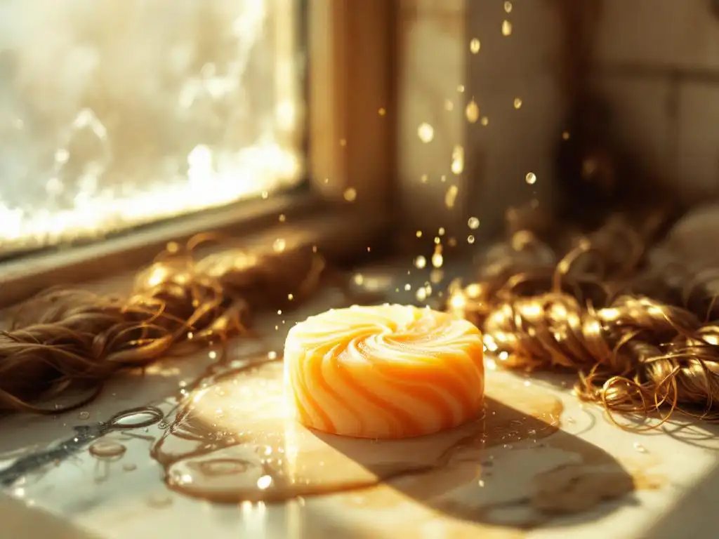 Artisanale shampoo zeepbar met amber en crème wervelingen op marmeren badkamertafel met krullend haar in gouden licht