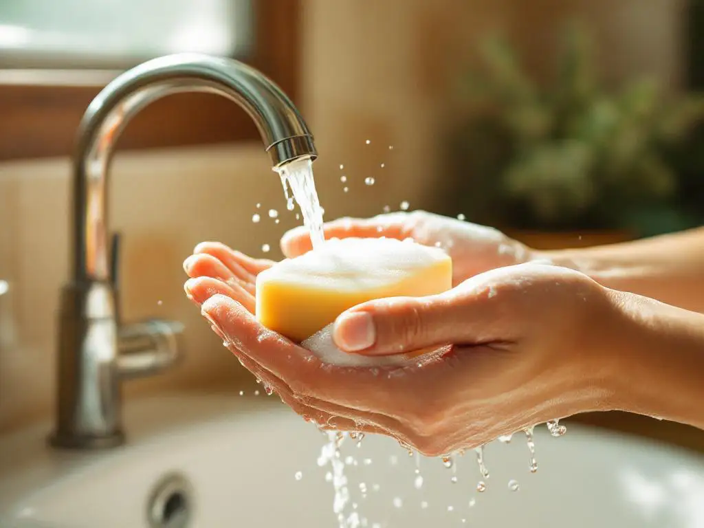 Vrouwenhanden schuimen natuurlijke beige shampoobar op onder stromend water uit moderne badkamerkraan met witte zeepbellen