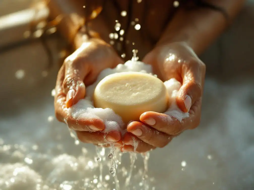 Vrouwenhanden houden natuurlijke shampoobar boven stromend water met schuim in warme badkamerverlichting