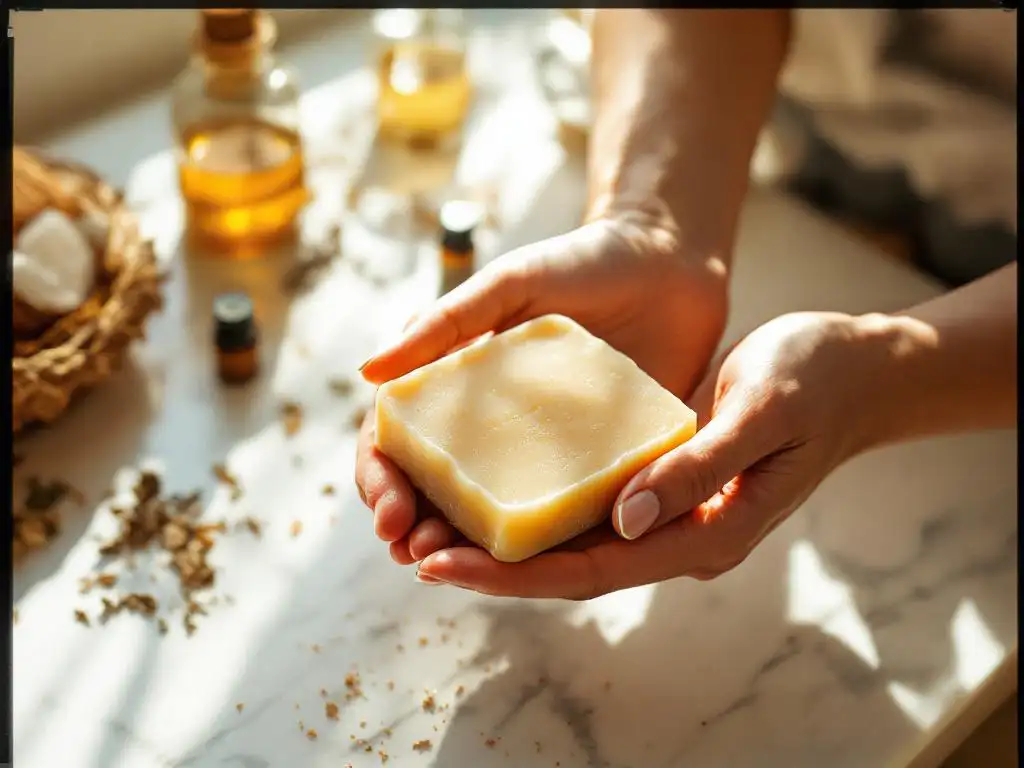 Handen houden handgemaakte natuurlijke shampoobar vast omringd door kokosolie en kruiden op marmeren aanrecht