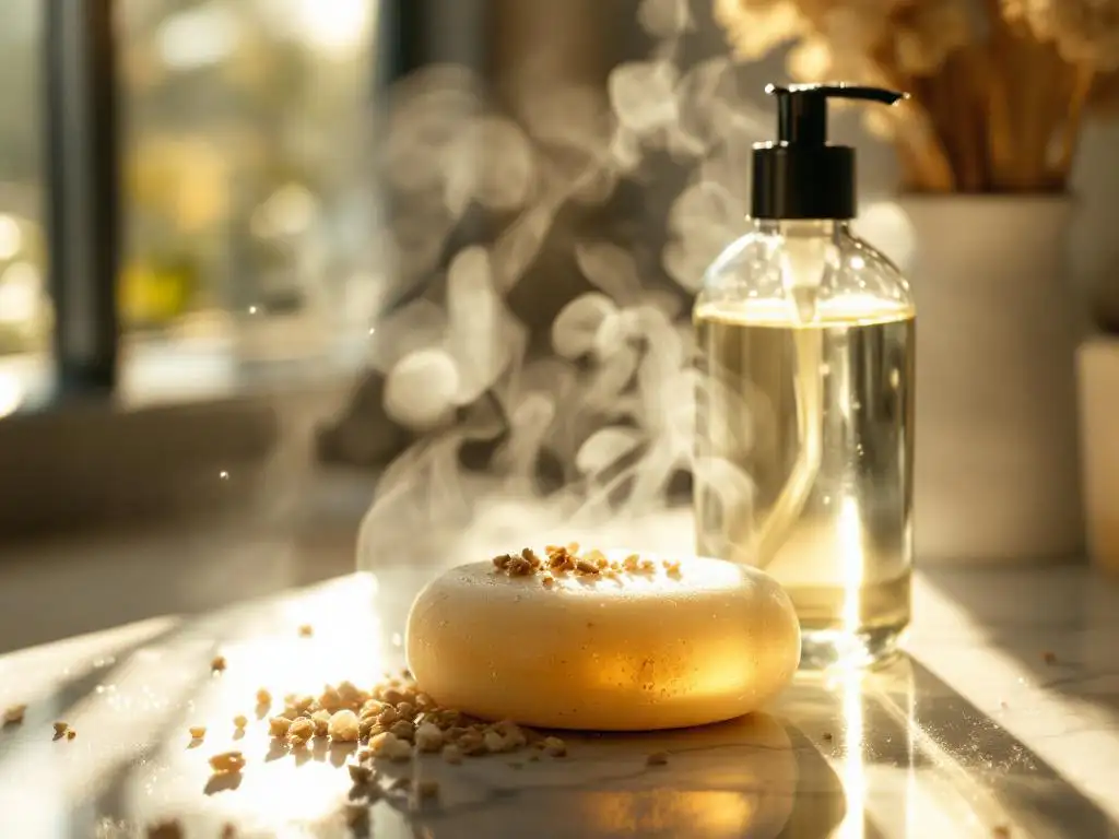 Handgemaakte shampoobar met natuurlijke ingrediënten naast glazen fles vloeibare shampoo op marmeren oppervlak