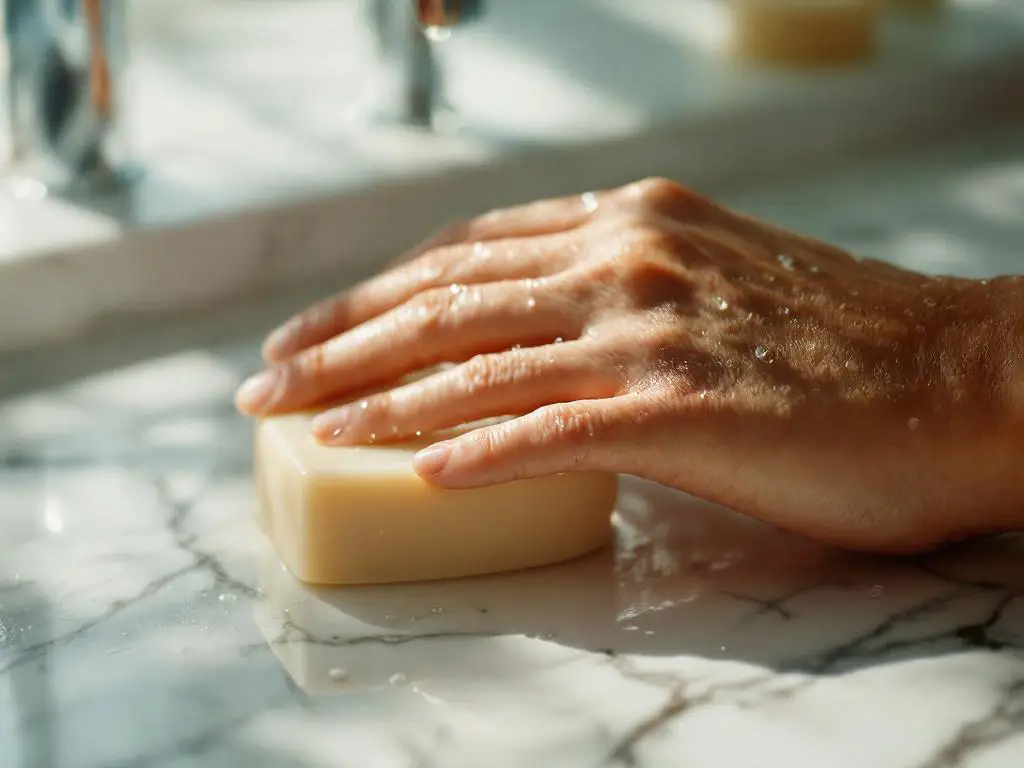 Gezonde huid met zichtbare poriën naast natuurlijke shampoobar op marmeren badkamerblad in zacht ochtendlicht