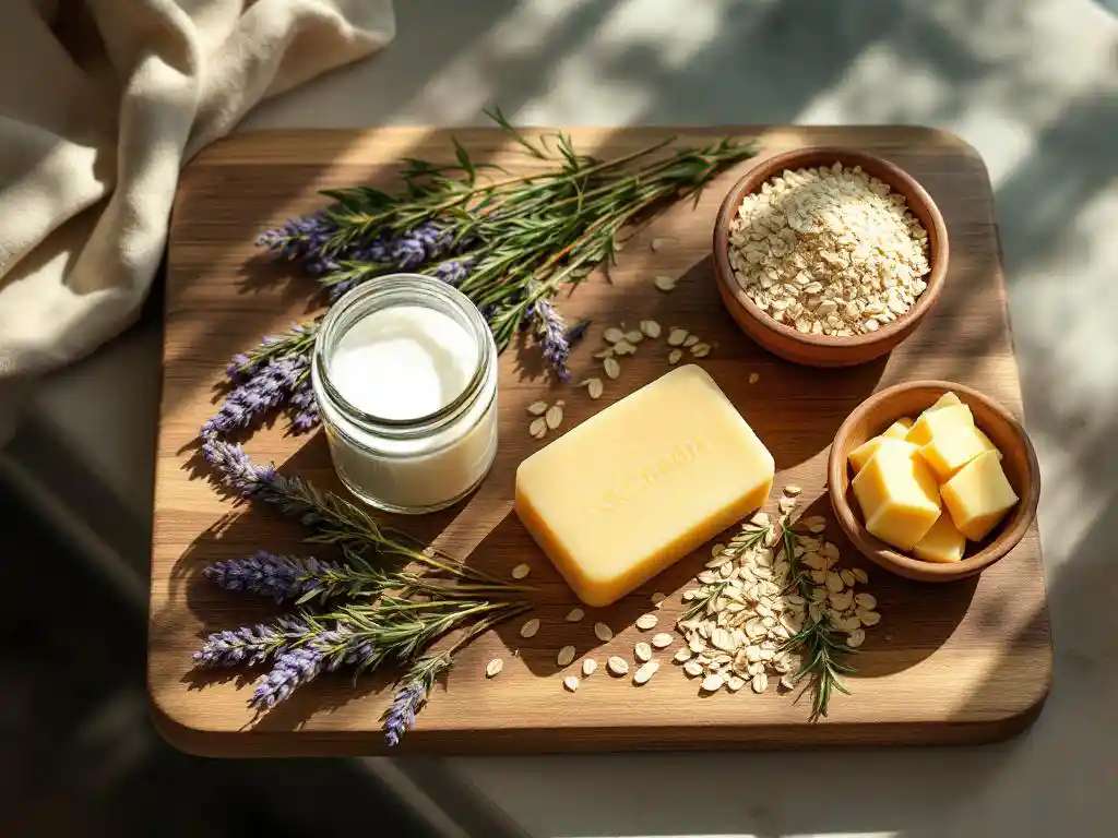 Natuurlijke shampoo bar ingrediënten op houten snijplank: kokosolie, lavendel, havermout, rozemarijn en sheaboter