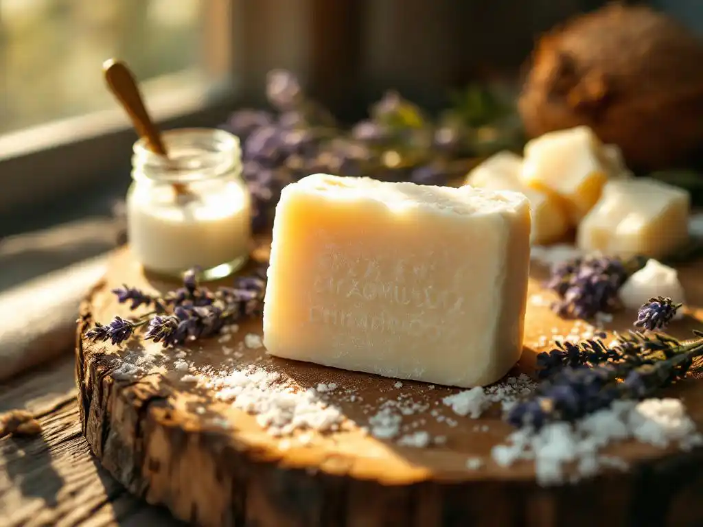 Handgemaakte natuurlijke shampoobar op houten ondergrond omringd door kokosolie, lavendel, zeezout en sheaboter