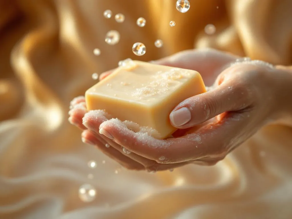 Vrouwenhand houdt natuurlijke beige shampoobar boven glanzend haar met waterdruppels in warme badkamerverlichting