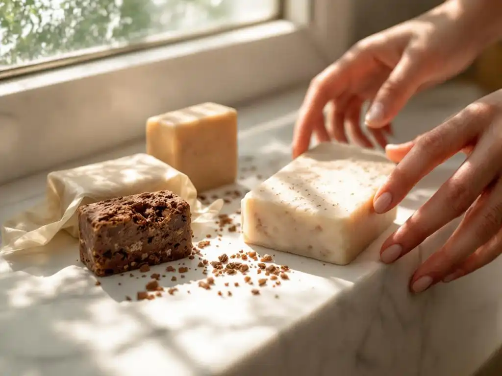 Natuurlijke shampoo bars op marmeren badkamertafel, één uitgepakt met zichtbare textuur en anti-roos ingrediënten