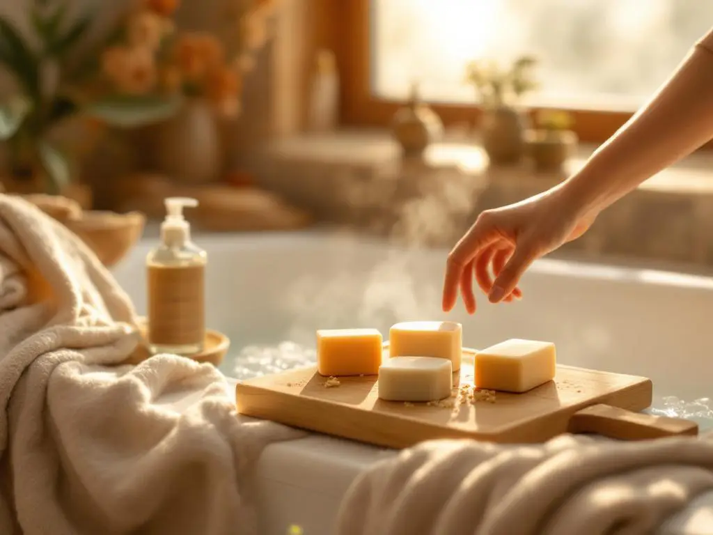Moeder selecteert natuurlijke shampoo bars op houten dienblad naast badkuip in warme badkamer met zacht licht