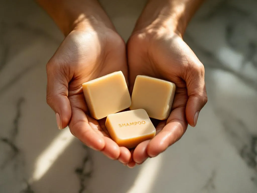 Ervaren handen houden natuurlijke shampoo bars in warme tinten vast boven marmeren badkamer aanrecht