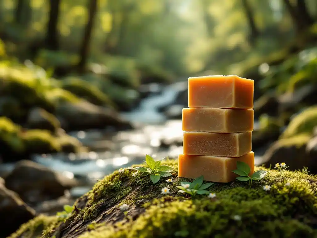 Natuurlijke shampoo bars in aardse tinten gestapeld op bemoste houten ondergrond met bladeren en wilde bloemen