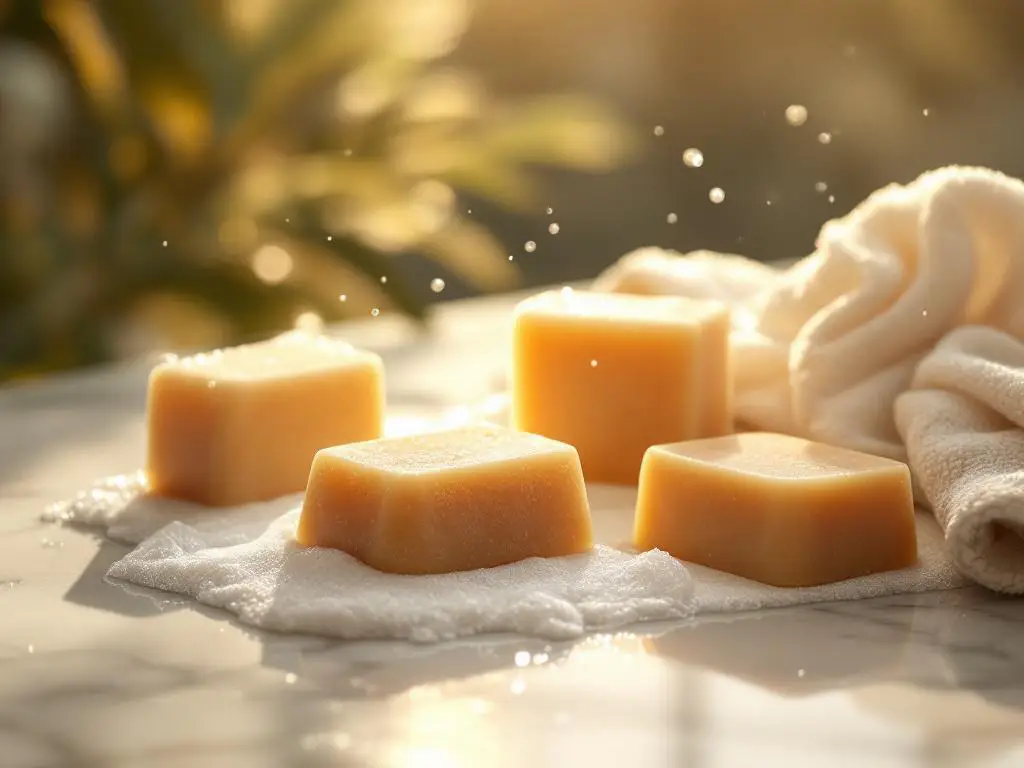 Natuurlijke shampoo bars in aardse tinten op wit marmeren blad met schuim en waterdruppels in spa-sfeer