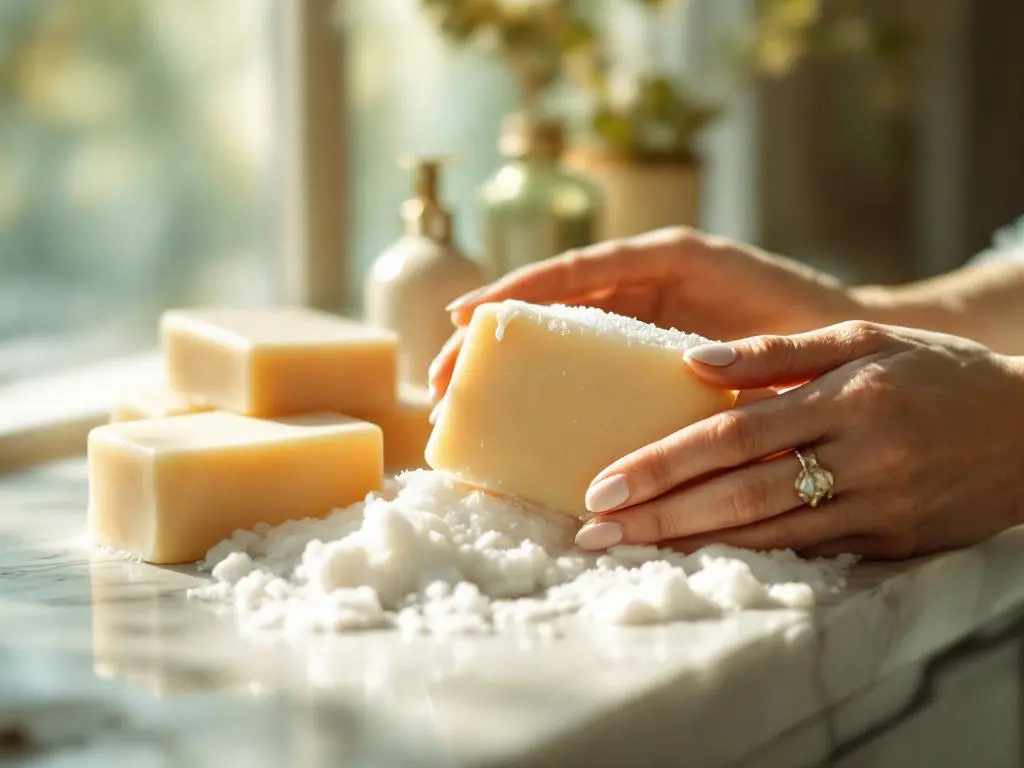 Vrouw houdt natuurlijke shampoobar vast op marmeren badkamertafel met schuim, zachte ochtendlicht door raam