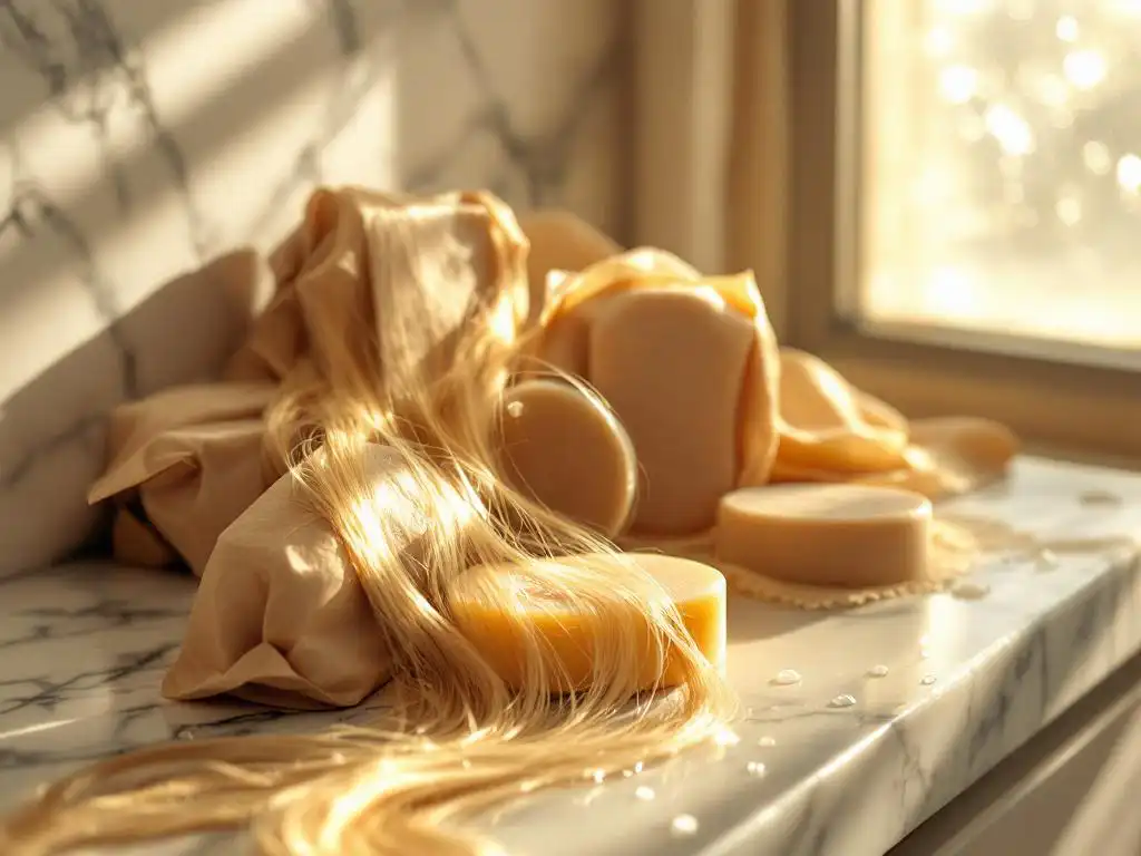 Handgemaakte shampoo bars in natuurtinten op marmeren badkamerblad met eco-vriendelijke verpakking en waterdruppels