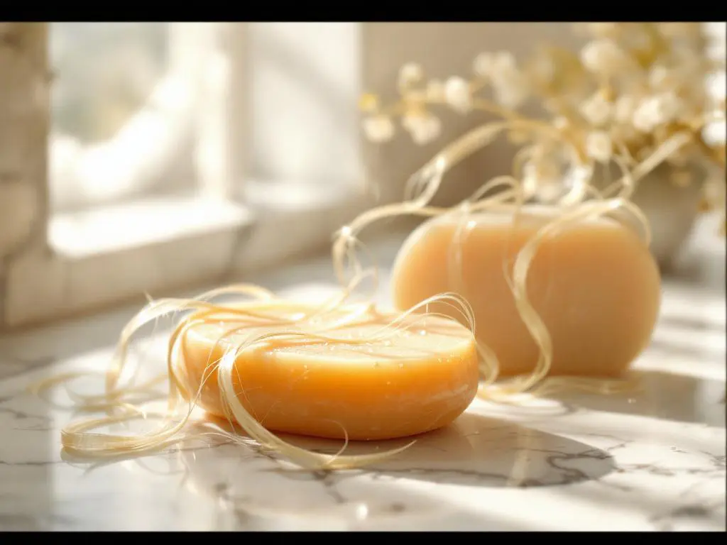 Drie natuurlijke shampoo bars in aardtinten op marmeren badkamertafel met blond haar en zachte ochtendlicht