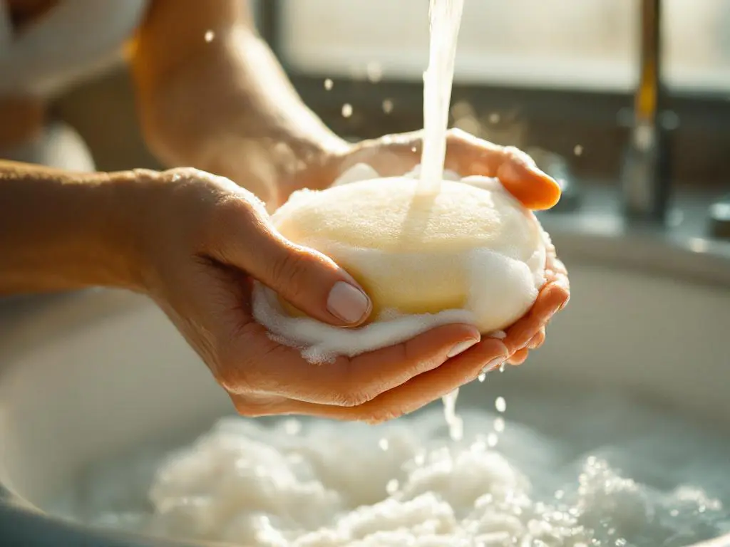 Vrouwenhanden houden beige shampooreep onder warm water, schuim vormt zich, gouden licht op marmeren badkamerblad