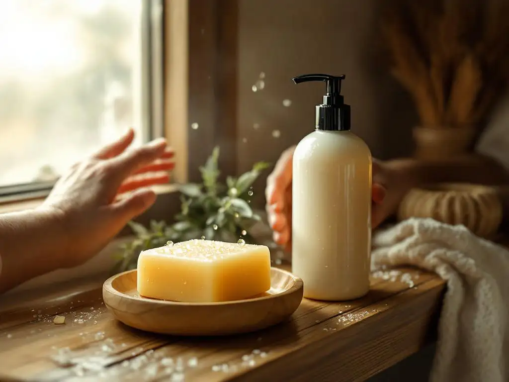 Houten badkamerplank met handgemaakte shampoobar en commerciële shampoofles, handen reiken ernaar, ochtendlicht