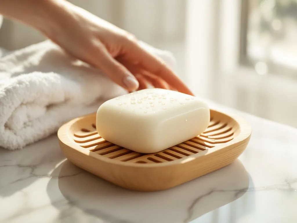 Witte shampoo bar op bamboe zeephouder met waterdruppels, marmer badkamer aanrecht, hand reikt naar zeep