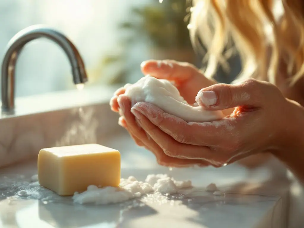 Una mujer se aplica un champú sólido natural en el cabello rubio dañado y con puntas abiertas sobre la encimera de mármol del cuarto de baño