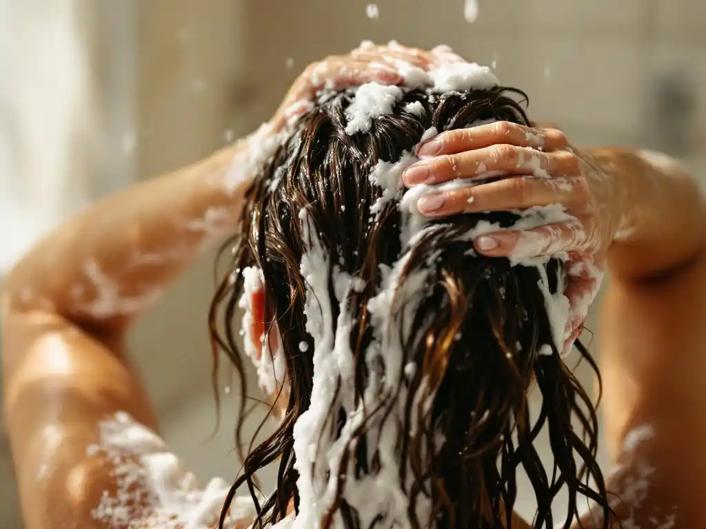 Vrouw masseert natuurlijke shampoo bar in nat donkerbruin haar, creëert witte schuim bij haarwortels in badkamer