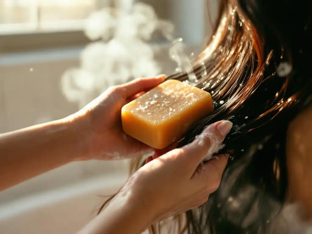 Vrouw masseert amber shampoobar door donker haar in natuurlijk licht, badkamer achtergrond