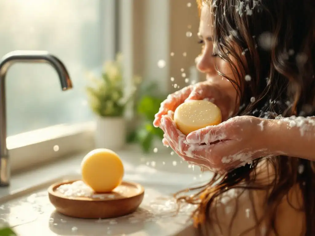 Vrouw wast haar met crèmekleurige shampoobar in moderne badkamer met natuurlijk ochtendlicht