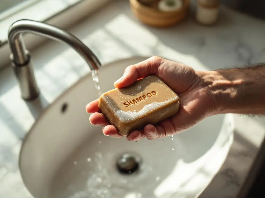 Man houdt natuurlijke shampoo bar boven marmeren wastafel, schuim vormend tussen vingers in moderne badkamer