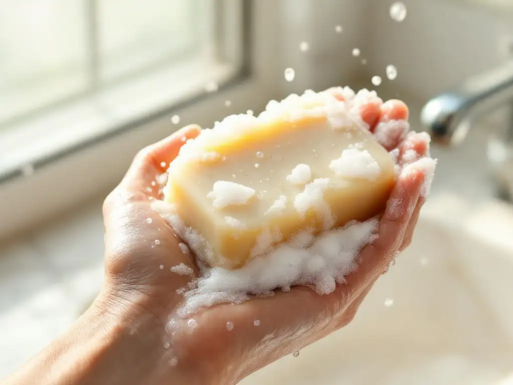 Hand houdt natuurlijke shampoobar vast met cremig schuim, waterdruppels vallen op marmeren badkamertafel