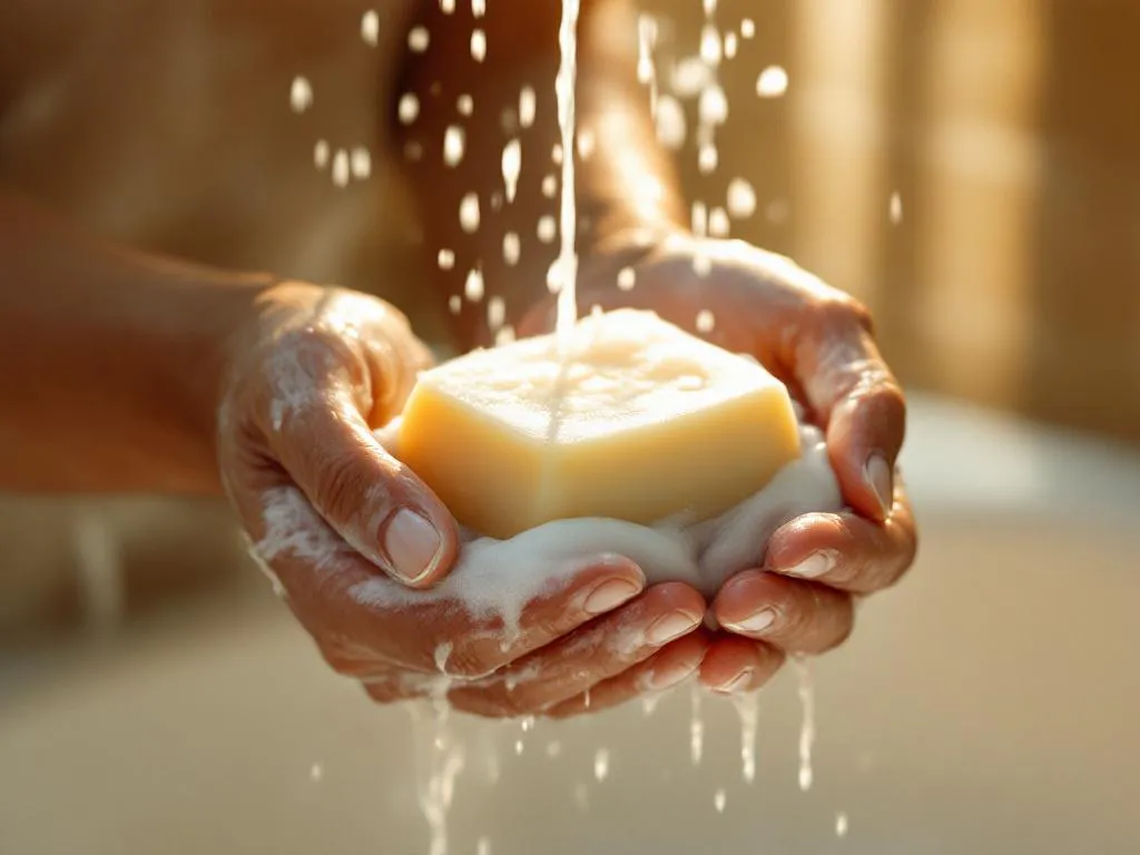 Handen schuimen natuurlijke shampoobar op onder warme douche, witte zeepschuim tussen vingers, spa-achtige sfeer