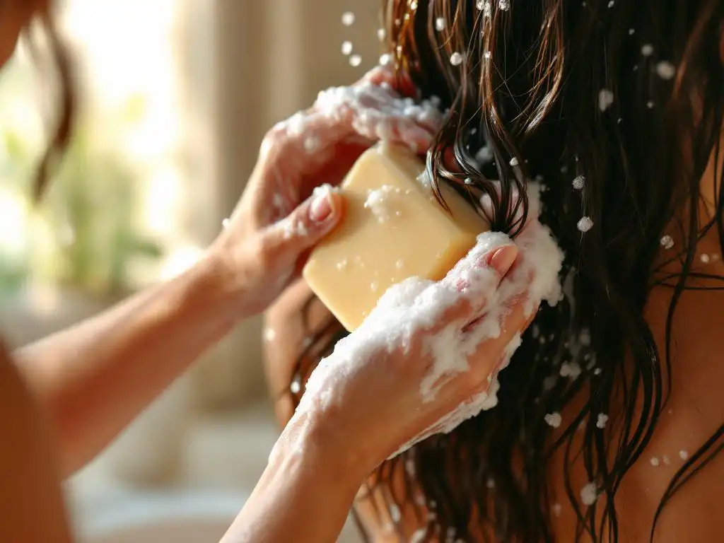 Eine Frau wäscht sich die Haare mit einem naturfarbenen Shampoo-Stück, Schaum zwischen den Fingern, Badezimmer mit Tageslicht