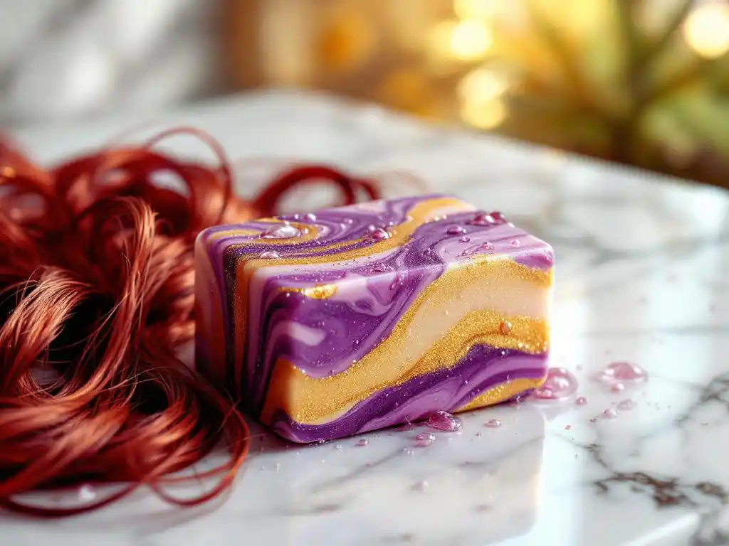 Paars-gouden shampoo bar op witte marmeren badkamertafel met koperen en bordeauxrode haarstreng, waterdruppels