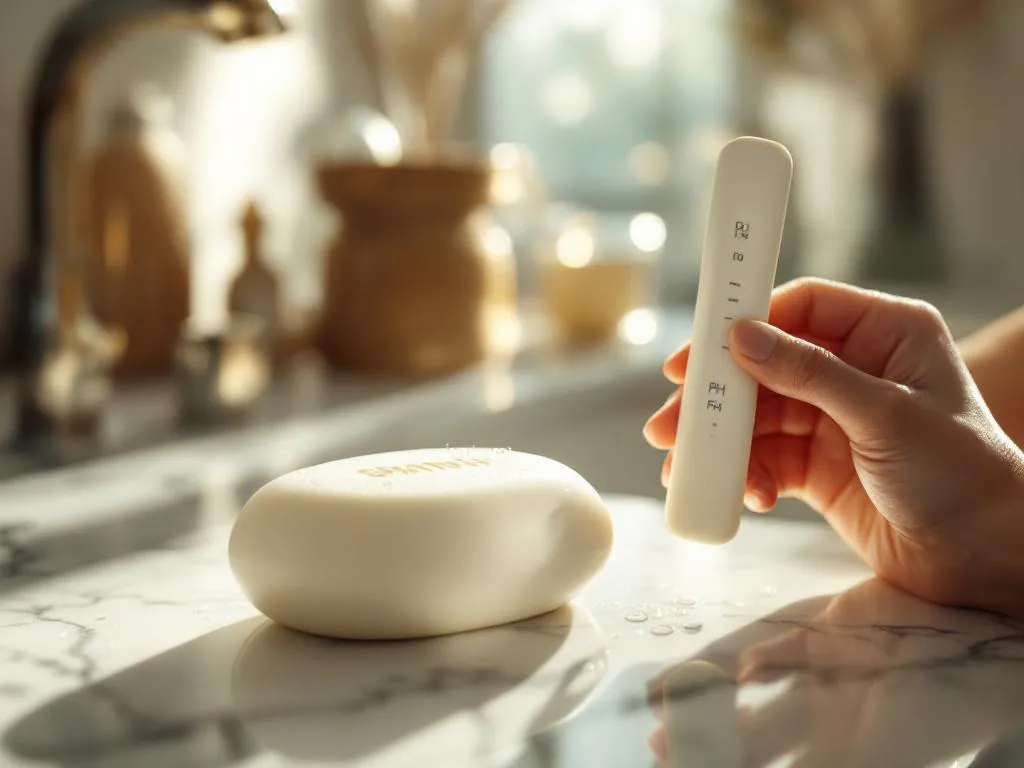 Witte shampoobar op marmeren badkamertafel naast pH-teststrip, met natuurlijk licht en waterdruppels