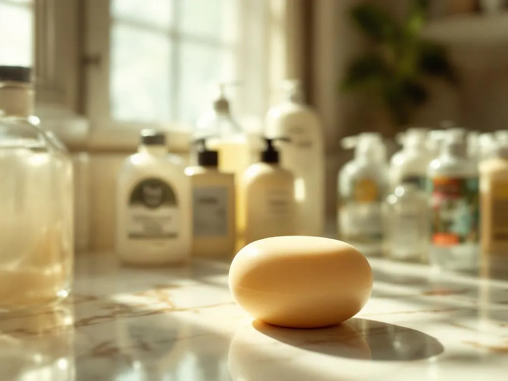 Vaste shampoo bar op marmeren badkamertafel omringd door lege plastic shampooflessen in natuurlijk licht