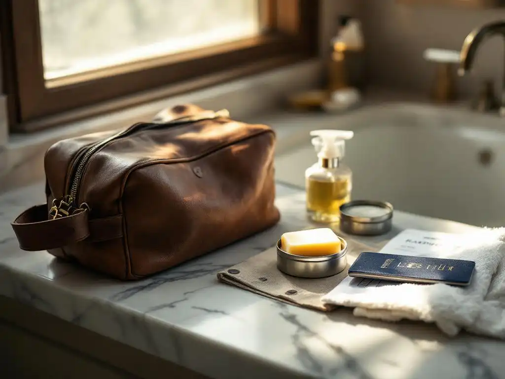 Handgemaakte shampoobar in metalen reisdoos in open leren toilettas op marmeren badkamertafel met paspoort