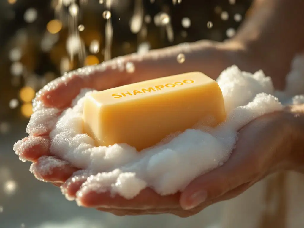 Luxe shampoo bar in open hand met cremig schuim en waterdruppels in gouden badkamerlicht, spa-achtige sfeer