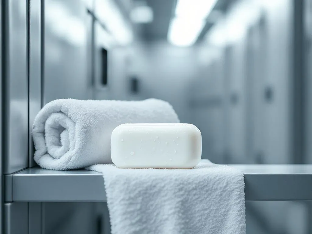 Witte shampoobar op gymkastplank met handdoek, waterdruppels glinsterend op oppervlak in moderne kleedkamer