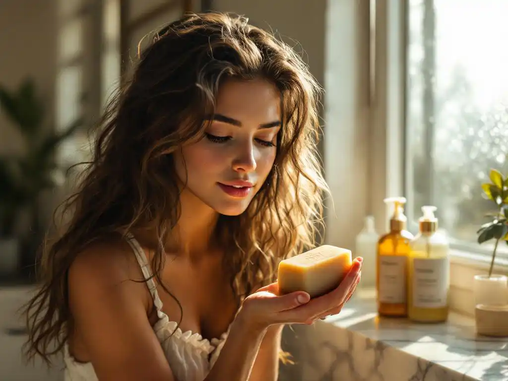 Tienermeisje houdt natuurlijke shampoobar in handpalm, onderzoekt product in moderne badkamer met zachte ochtendlicht