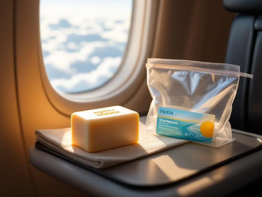 Vaste shampoo bar op vliegtuigtafeltje naast doorzichtige TSA-toilettas, wolken zichtbaar door raampje